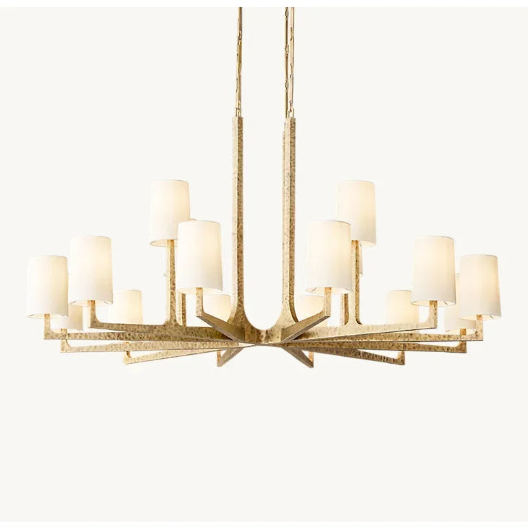 Hammered Brass Chandelier | 6 Light Iron Frame with Linen Shades | Transitional Lighting for Dining or Entry Spaces