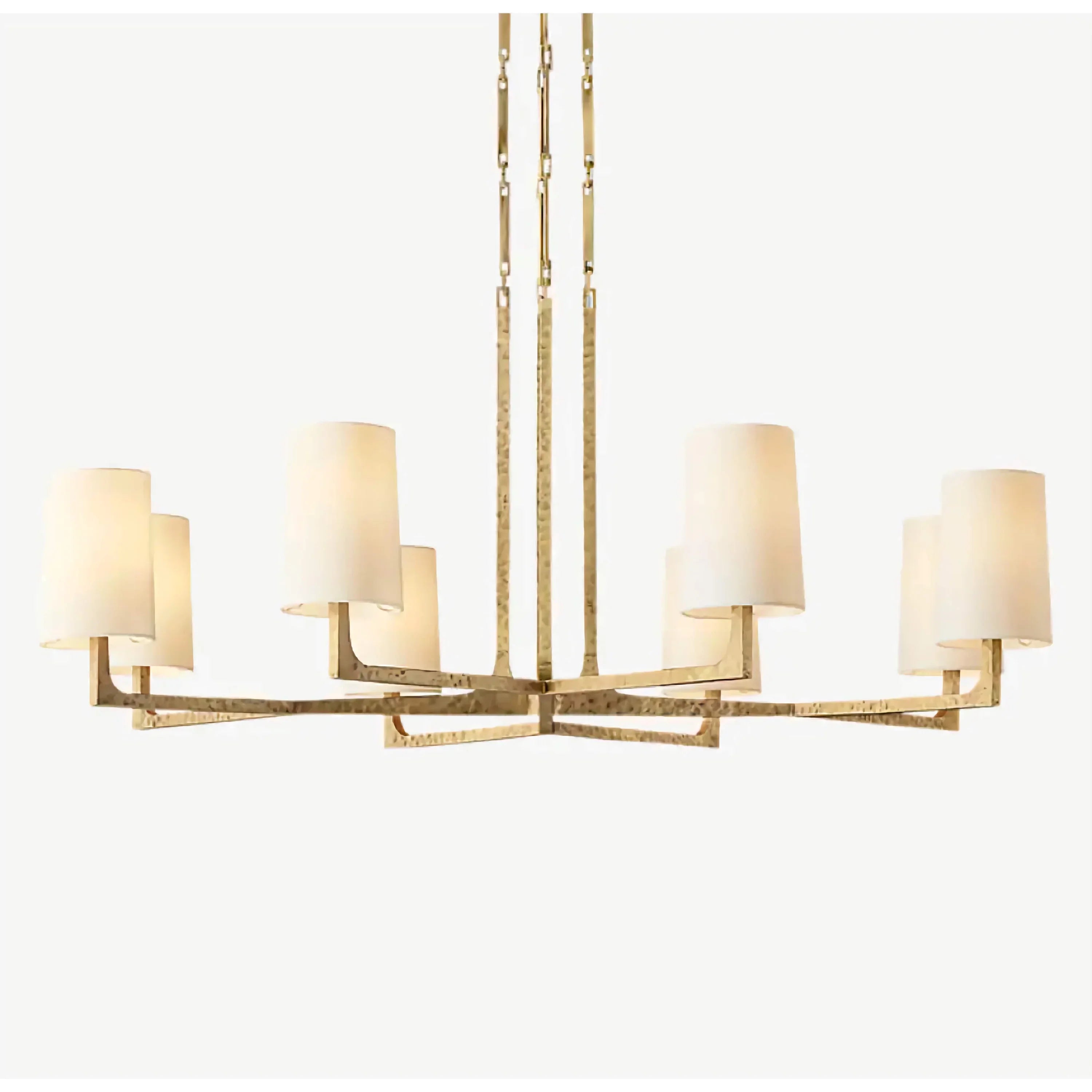 Hammered Brass Chandelier | 6 Light Iron Frame with Linen Shades | Transitional Lighting for Dining or Entry Spaces