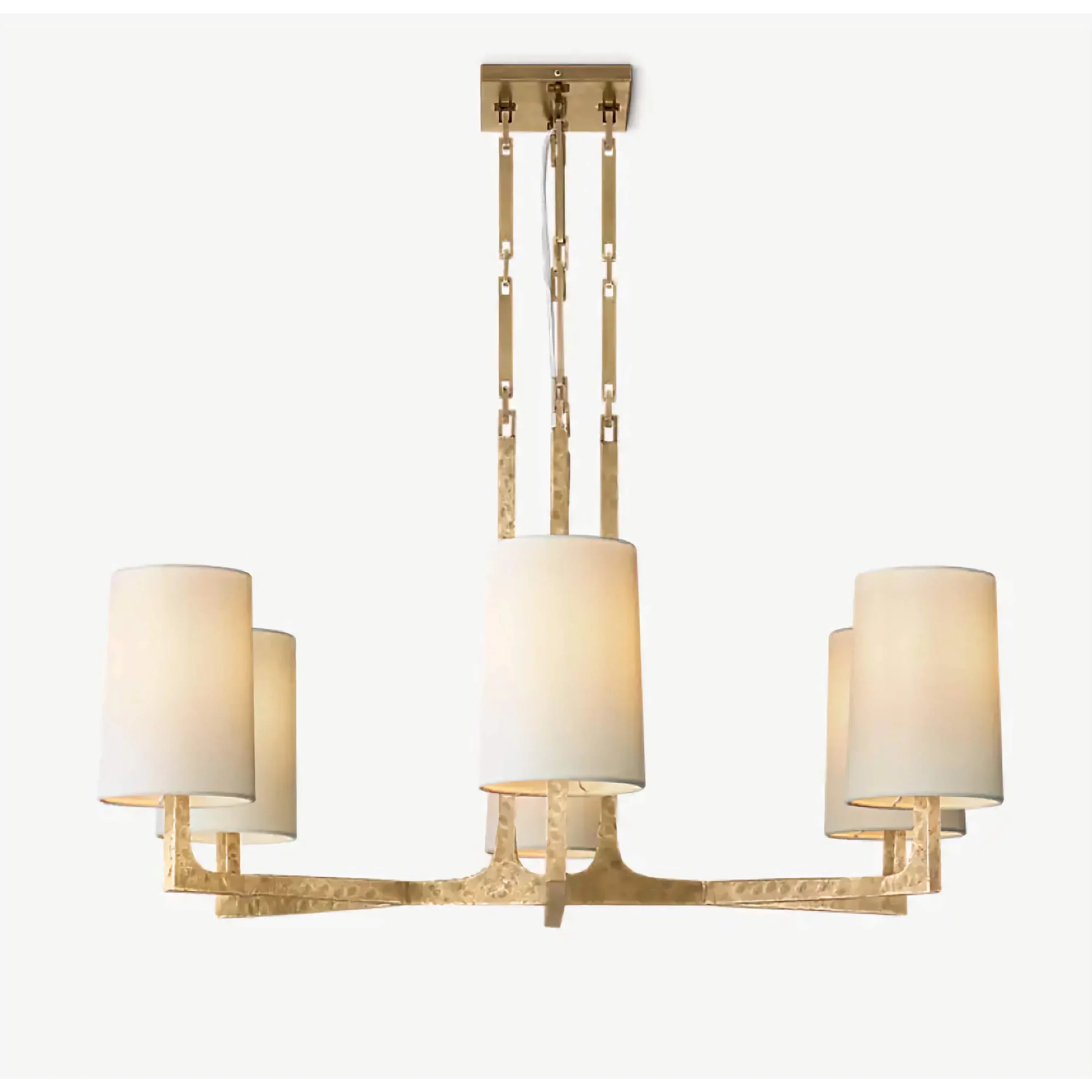 Hammered Brass Chandelier | 6 Light Iron Frame with Linen Shades | Transitional Lighting for Dining or Entry Spaces