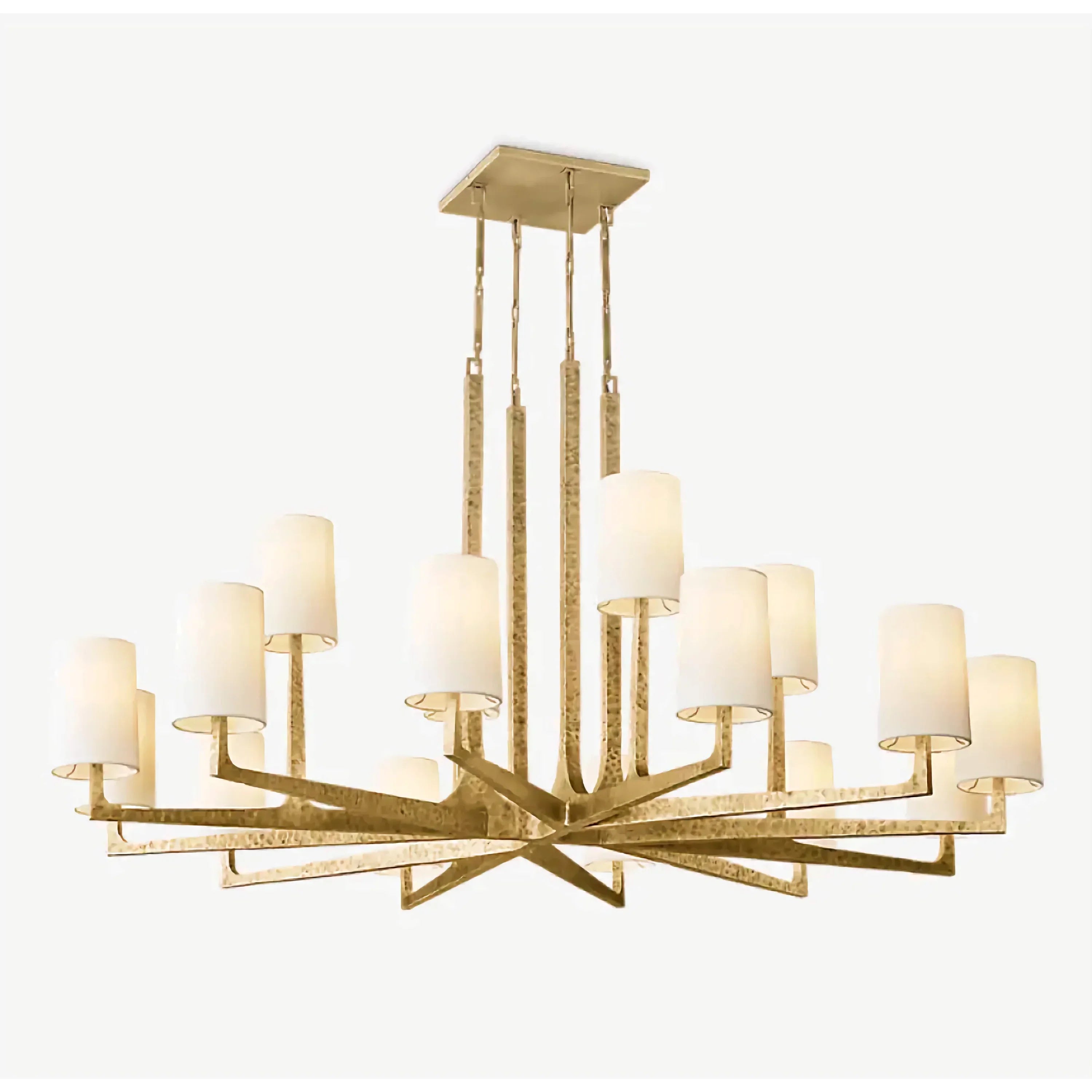 Hammered Brass Chandelier | 6 Light Iron Frame with Linen Shades | Transitional Lighting for Dining or Entry Spaces
