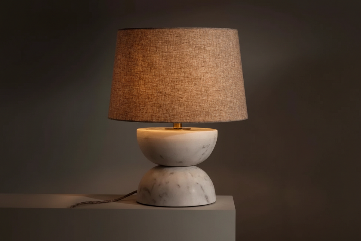 Marble Table Lamp for Bedside and Console | Stacked Hemispheres Linen Shade Japandi 50 Cm Casalola Lights Luxury Lamps