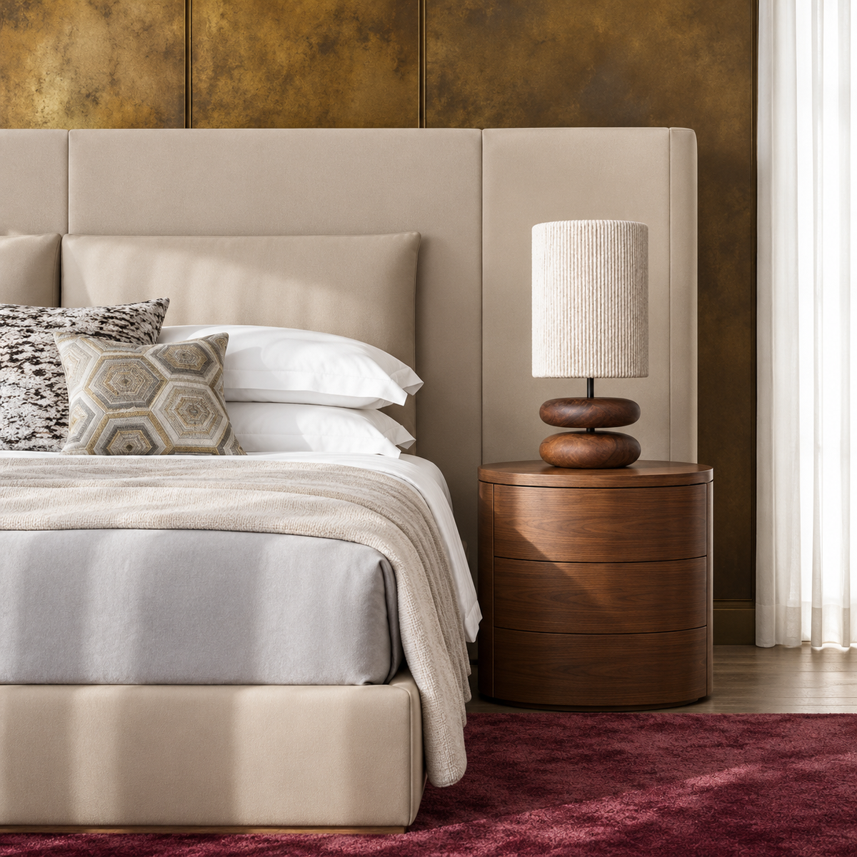Zen walnut table lamp on a bedside table